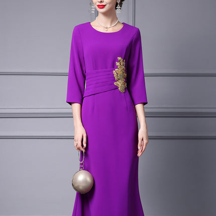 Zhili Middle and Old Beautiful Mother dress Long High-end Western-style Purple Heavy-industry Nail Drill Slim Light Dress