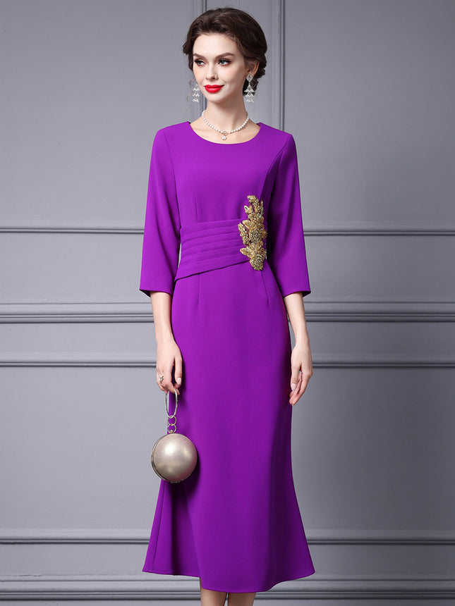 Zhili Middle and Old Beautiful Mother dress Long High-end Western-style Purple Heavy-industry Nail Drill Slim Light Dress