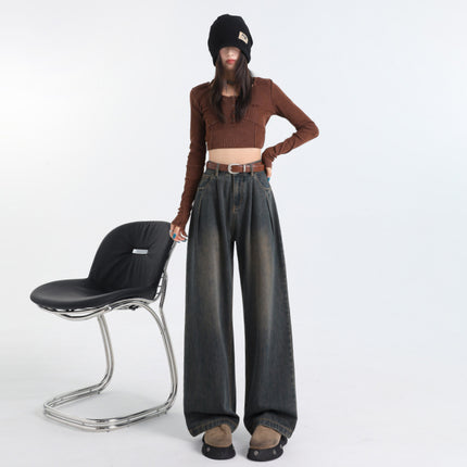 Korean Style Pleated Loose Wide Leg Jeans Women's 2024 Autumn New High Waist Drape Slimming All-match Straight Pants