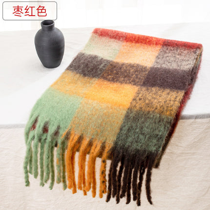 Autumn and winter European and American color matching AC cashmere thick tassel scarf rainbow plaid mohair warm female student plus
