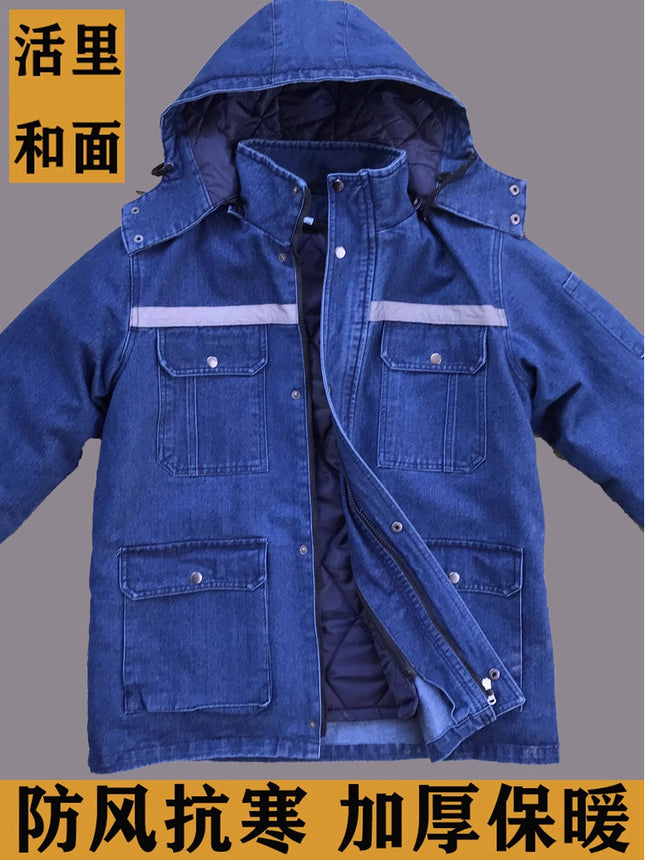 Winter Workwear Cotton Jacket for Men, Fleece-Lined, Thickened, Detachable, Cold-Proof, Cold Storage Cotton Coat, Welder Denim Labor Protection Cotton-Padded Jacket