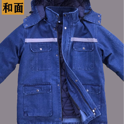 Winter Workwear Cotton Jacket for Men, Fleece-Lined, Thickened, Detachable, Cold-Proof, Cold Storage Cotton Coat, Welder Denim Labor Protection Cotton-Padded Jacket