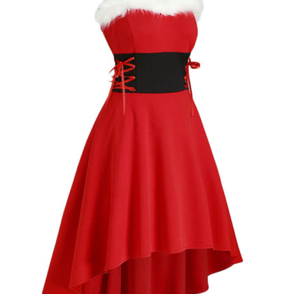 Cross-border foreign trade hot Christmas clothing bunny fur collar off-the-shoulder waist bow sling dress