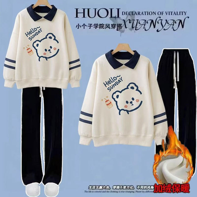 Junior high school students polo collar fleece-lined padded sweater suit autumn and winter girls fashionable sports two-piece set batch