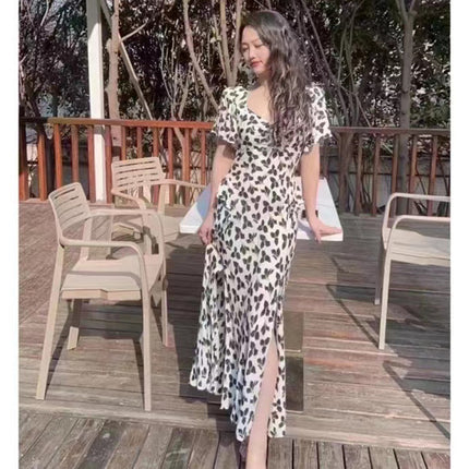 D@F Summer Floral Short-Sleeve Silhouette Fashion Slim-Fit Slit Tea Break Dress Long Skirt Artistic Retro Waist-Cinching Style