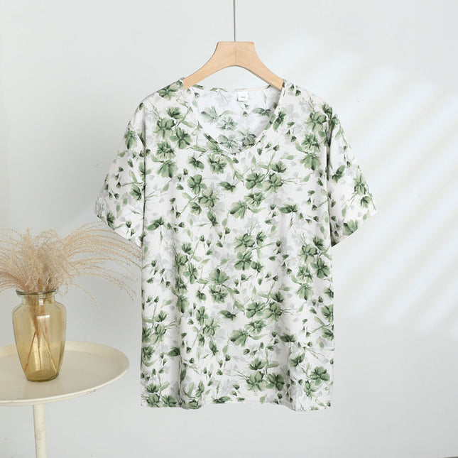 Retro Style Cotton Short-sleeved Women's Middle-aged and Elderly Mother's Vest Printed Outer Wear Base-layer Shirt All-match Artificial Cotton Top