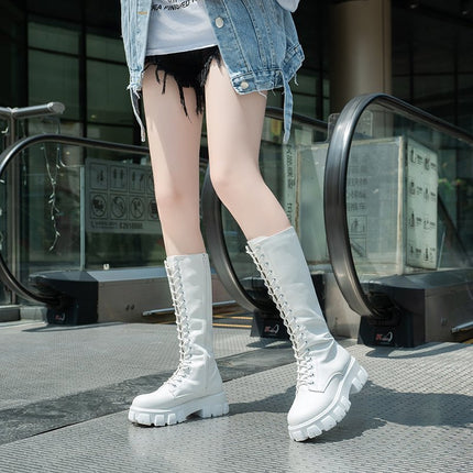2025 Autumn New British Style Platform Thick-Soled Versatile Niche Long Boots Popular Lace-Up Slim Fashion Boots