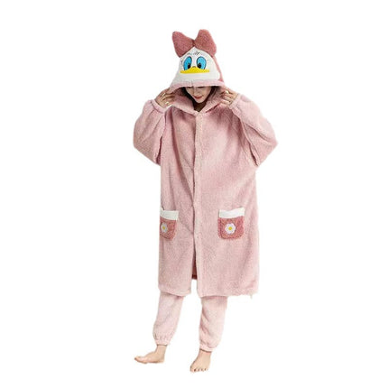 Autumn and winter coral fleece parent-child big strawberry nightgown thickened high quality couples home clothing Donald duck a generation of hair