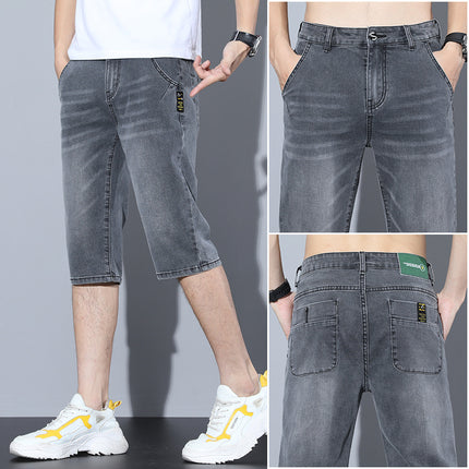 Men's Loose Straight Denim Shorts Summer Thin Cropped Pants Korean Style Trendy Slim Fit Stretch Casual 7-Point Pants