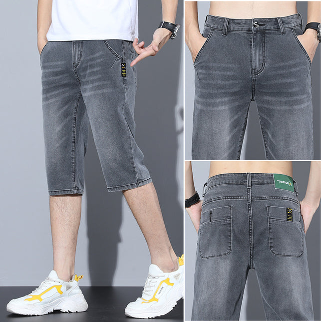 Men's Loose Straight Denim Shorts Summer Thin Cropped Pants Korean Style Trendy Slim Fit Stretch Casual 7-Point Pants