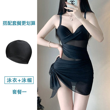 High-end one-piece swimsuit women's summer hot spring conservative personality retro one-piece belly-covering slimming beach gathered swimming suit