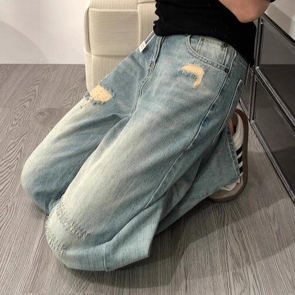 American Blue Ripped Straight Jeans for Women in Autum New High-Waisted Pear-Shaped Figure Slimming Look Loose Wide-Leg Pants