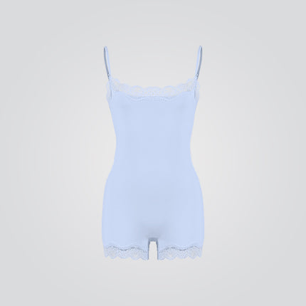 Sexy Pure Lust Style Lace Trim Bodysuit for Women, Skin-Friendly Nude Feel Inner Wear with Straps, Double-Layer Shapewear, European and American Style