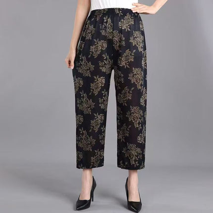 Foreign Trade Plus Size Middle-aged and Elderly Summer Thin Breathable Nine-point Flower Pants Mom Pants Ice Silk Loose Straight Pants