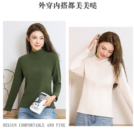 New Women's Base Layer Top for Autumn and Winter, Red Long-Sleeve Brushed Fleece Thickened Thermal Underwear Versatile High-Neck Top