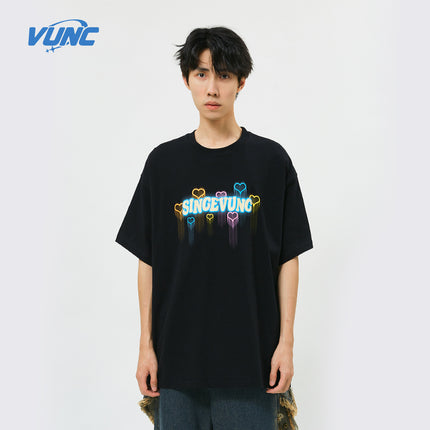 Vunc270G Star Spray-Painted Graffiti Print T-Shirt for Men and Women, National Trendy Brand Foam Couple Short-Sleeve Tee, Casual and Versatile