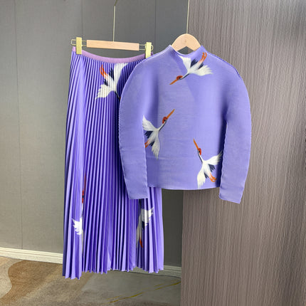 Fashionable casual pleated suit high-grade crane printed high waist skirt long sleeve top two-piece suit women's all-match