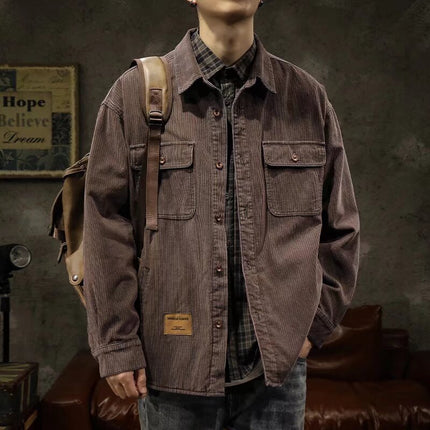 Japanese Style Workwear Long Sleeve Shirt for Men and Women Spring and Autumn Retro Solid Color Jacket Trendy Multi-Pocket Casual Shirt