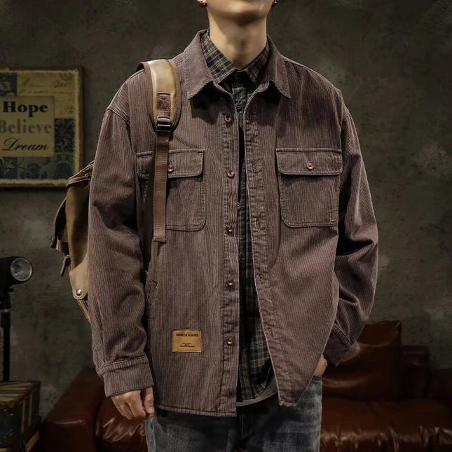Japanese Style Workwear Long Sleeve Shirt for Men and Women Spring and Autumn Retro Solid Color Jacket Trendy Multi-Pocket Casual Shirt