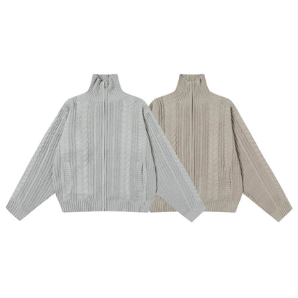 Mr. Song's Cross-Border American Retro Old Money Style Turtleneck Sweater with Zipper Jacket, Casual Cable Knit Sweater for Men and Women