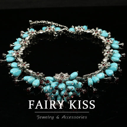 Vintage New Women's Turquoise Elegant Glass Light Luxury Necklace with Unique Niche Brooch Tassel Earrings Set