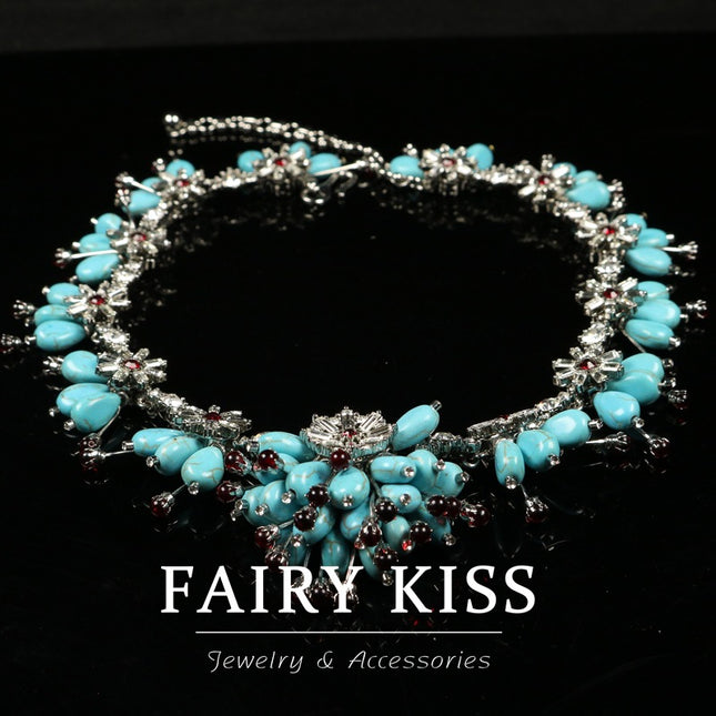 Vintage New Women's Turquoise Elegant Glass Light Luxury Necklace with Unique Niche Brooch Tassel Earrings Set