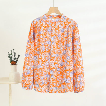 Middle-Aged and Elderly Women's Summer Thin Cardigan Mother's Wear Cotton Silk Long-Sleeved Loose Large Size Artificial Cotton Shirt Pajama Top