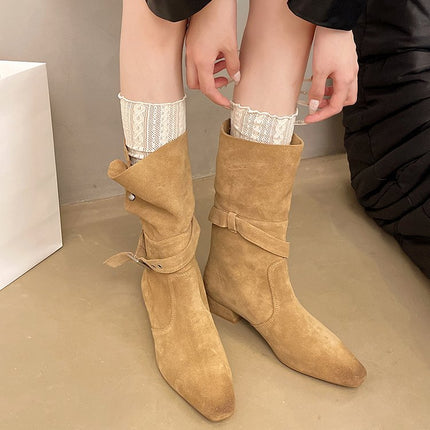 Retro Western Cowboy Boots Women's 2025 Autumn and Winter New Square Toe Slim Thick Heel Short Boots Belt Buckle Two-Wear Pile Boots