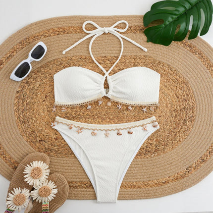 Cross-Border European and American New Bikini Shell Pendant Sexy Strap Halterneck Pure Color Swimsuit Swimsuit Women's Bikini