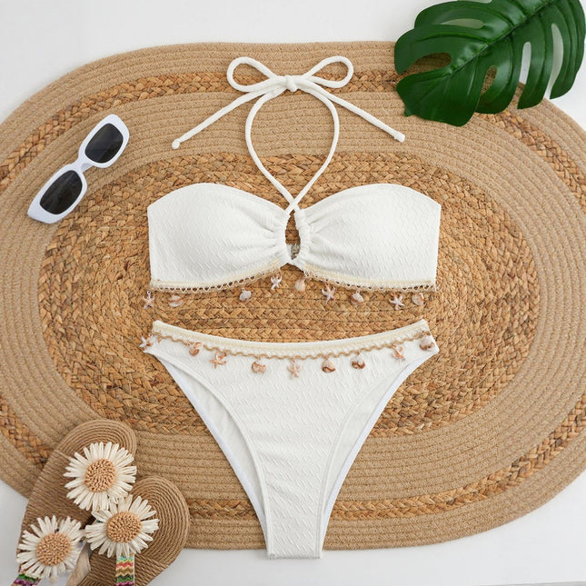 Cross-Border European and American New Bikini Shell Pendant Sexy Strap Halterneck Pure Color Swimsuit Swimsuit Women's Bikini