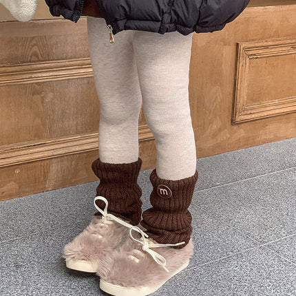 Girls New Winter Lamb Velvet Windproof Foot Dark Striped Socks Round Letter Embroidered M Stereo Leggings