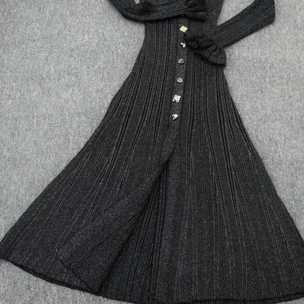 Cross-Border European and American Autumn and Winter New Style French Socialite Light Luxury Fine Glitter V-Neck Long-Sleeve Waist-Cinching Slimming Knit Dress