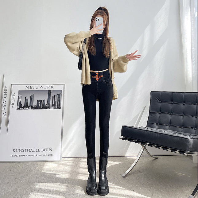 High-Waisted Women's Pencil Jeans, New Slim-Fit Skinny Pants, Stretchy, Slimming, Fleece-Lined, Thickened, Trendy Women's Pencil Pants