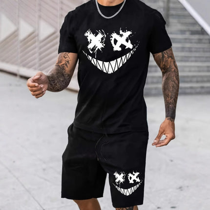 Men's Summer Black Trendy American Street Casual Fashion Smiley Face Printed Short-Sleeved Shorts Suit