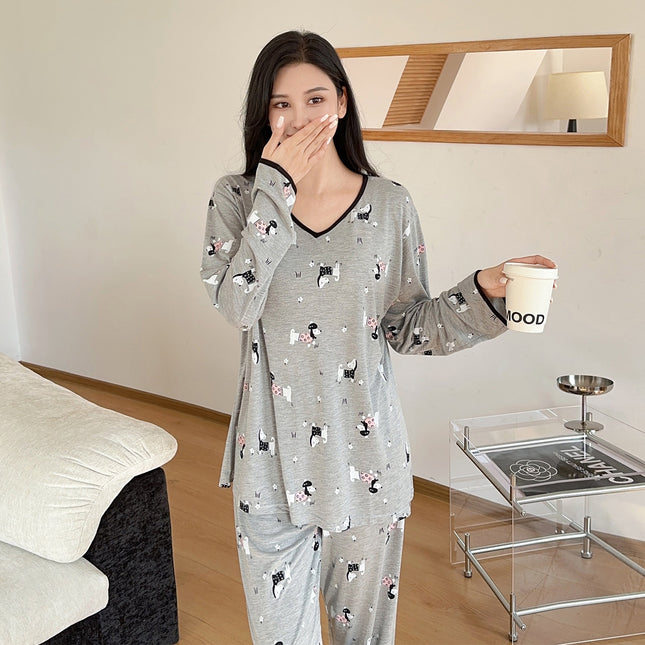 Pajamas for Women Autum Modal with Breast Pads Long-Sleeved Sexy Suit Large Size Loose and Cute Outer Wear Spring and Autum Home Clothes