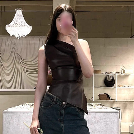 2024 autumn new fashion temperament slant shoulder irregular tight figure leather pleated vest T-shirt top