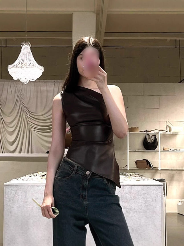 2024 autumn new fashion temperament slant shoulder irregular tight figure leather pleated vest T-shirt top