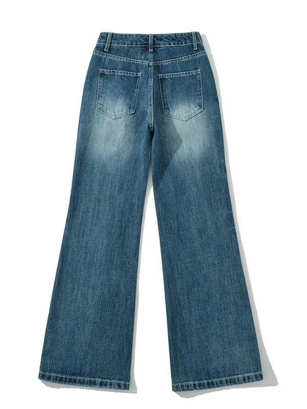 American Retro Washed White Straight Jeans Spring New Sexy Low-Waisted Loose Wide-Leg Pants Floor-Length Pants
