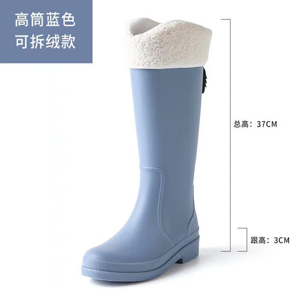 Cross-border New High Rain Shoes Women's Online Popular Fashion Water Boots Solid Color Waterproof Non-slip Warm Outer Wear fleece-lined Warm Boots