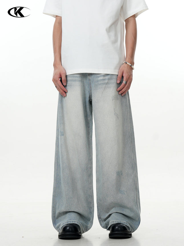 11Kn American Light Blue Straight Jeans for Men and Women, Simple Slimming Look Knife-Cut Destroyed Loose Wide-Leg Casual Pants