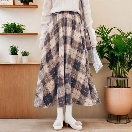 Trendy Youthful Coffee-Colored Plaid High-Waisted Slimming A-Line Midi Skirt for Spring