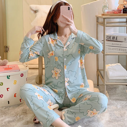 [Factory Wholesale] Women's Pure Cotton Pajamas, Spring and Autumn Style, Long-Sleeved, Long Pants, Can Be Worn Outside, Sweet Student Homewear Set