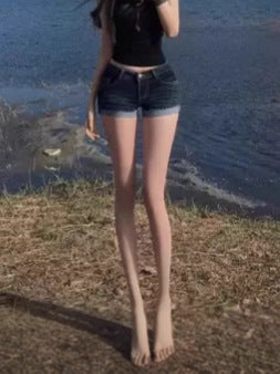 Plus-Size American-Style Low-Waist Sexy Hip-Enhancing Denim Ultra-Short Shorts for Women, 2025 Summer New Slim-Fit Rolled-Edge Hot Pants