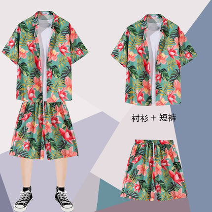 Summer thin short-sleeved floral shirt men's Hong Kong style retro Ruan Shuai Hawaiian seaside couple short-sleeved shorts two-piece set
