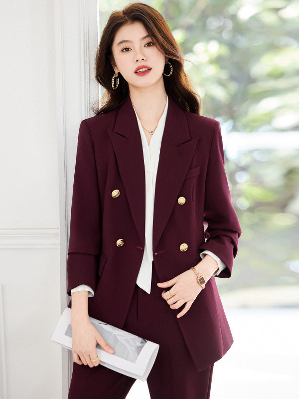Double-Breasted Suit Set for Women, Autumn and Winter New Style, Korean Fashion, Casual, Professional Attire, Slim Fit, White-Collar Business Long-Sleeve Suit