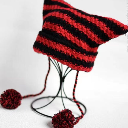 New Cross-border Foreign Trade Striped Deviruchi Knitted Hat Autumn and Winter Ear Protection Warm Face Hair Ball Small Wool Hat