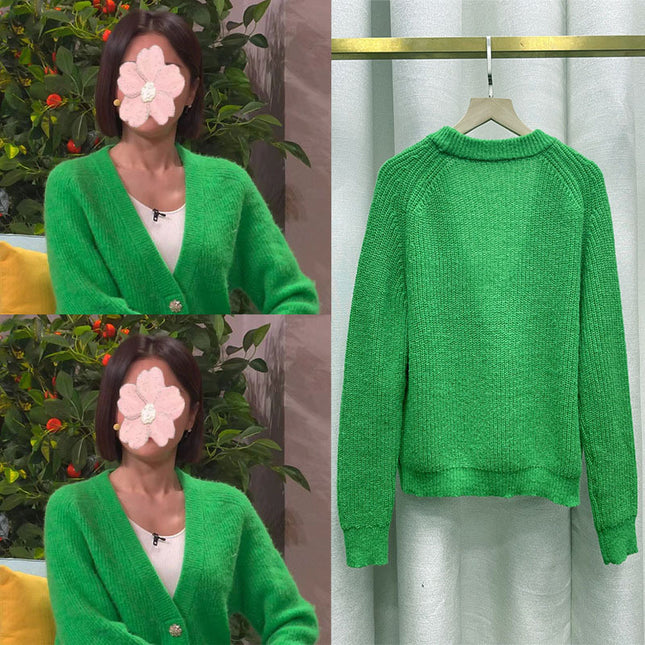 2023 CCTV Spring Festival Gala Qin Lan Same Clothes Green V-Neck Knitted Sweater Cardigan Jacket Women's Autumn and Winter Jacket