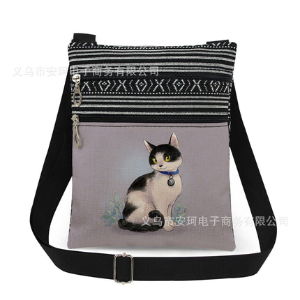 Cross-Border New Product Double Zipper Cat Print Single Shoulder Crossbody Bag Ultra-Light Cross-Border Style Messenger Bag Fashionable and Cute Women's Bag