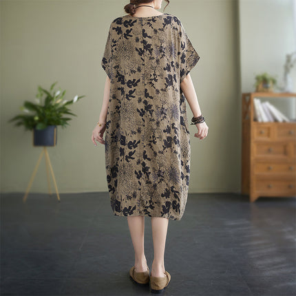2023 New Style Elegant and High-End Short-Sleeve Loose Cotton-Linen Simple Long Floral Dress Mid-Length Artistic Retro