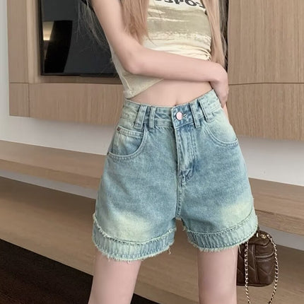 American Style High Street High Waist Fast Edge Denim Shorts 2024 Summer New Design Sense Loose Straight Wide Leg Hot Pants